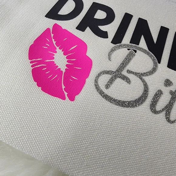 Wine Bag Drink Up Bitches Drawstring Bottle Bag - White with Pink Lip - Picture 2 of 4